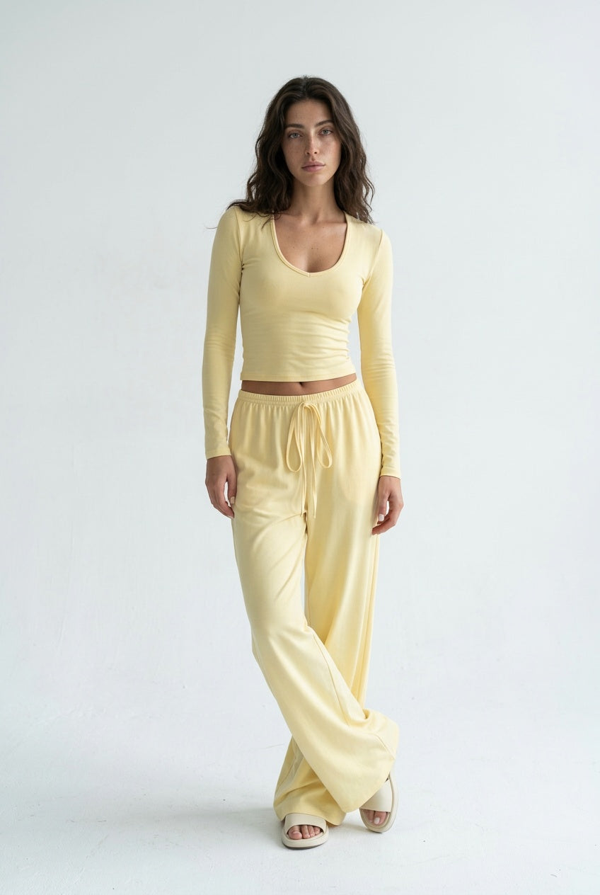 Lemon Day Lounge Two-Piece Set with Scoop-Neck Crop Top & Wide-Leg Pants