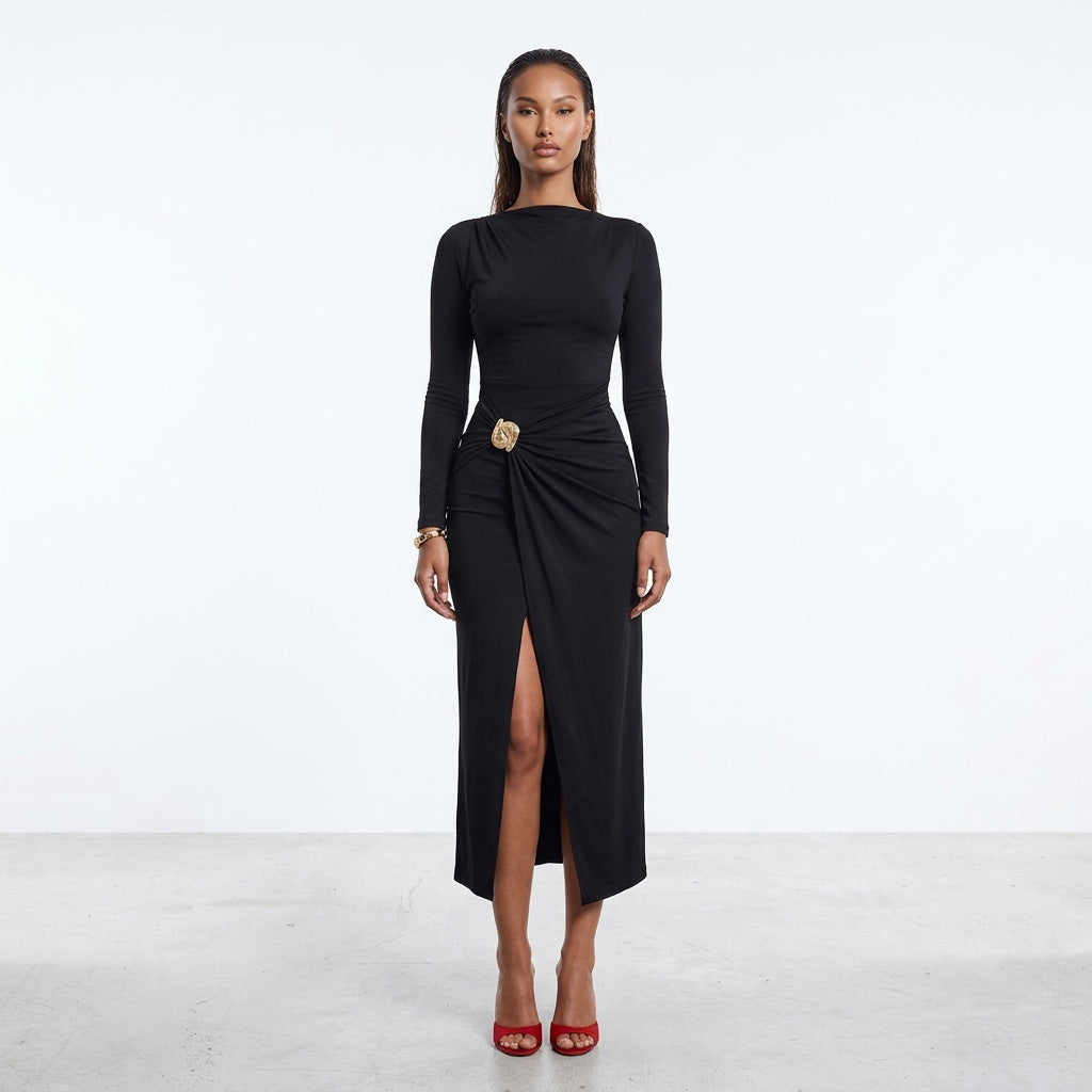 Ruched Slit Long-Sleeve Bodycon Dress