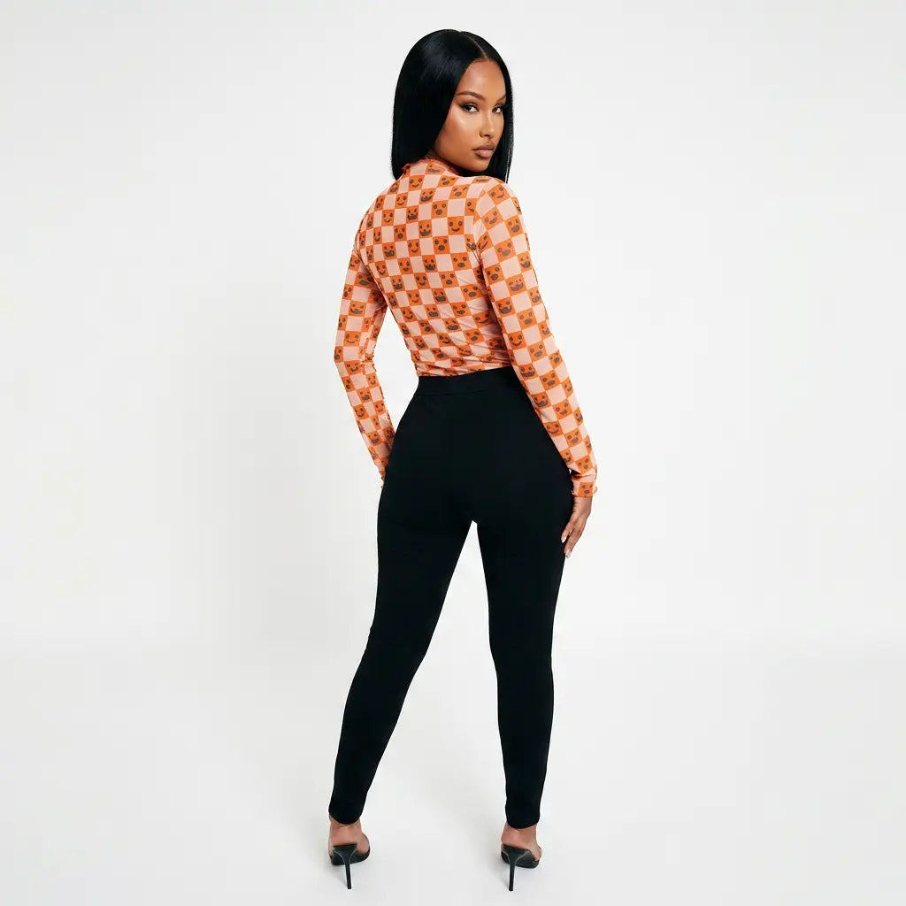Gourd Checkmate Mesh Long Sleeve Mock Neck Blouse