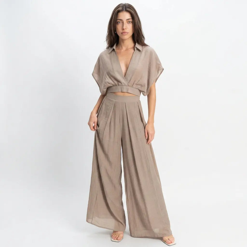 Silken Collared Wrap Top & Wide-leg Pants Set