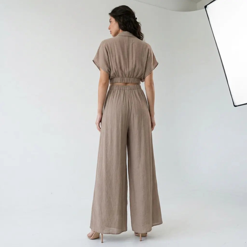 Silken Collared Wrap Top & Wide-leg Pants Set