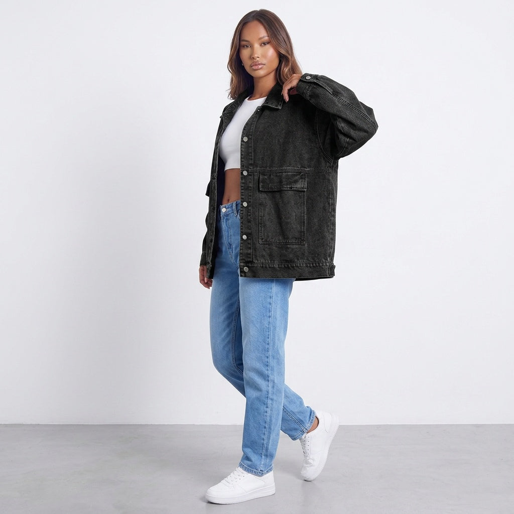Dropped Shoulder Denim Jacket with Pockets