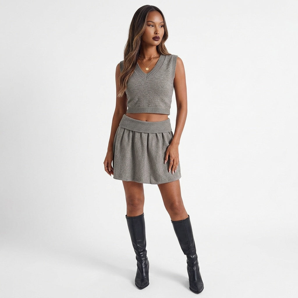 City Stroll Ribbed V-Neck Sweater Skirt Set