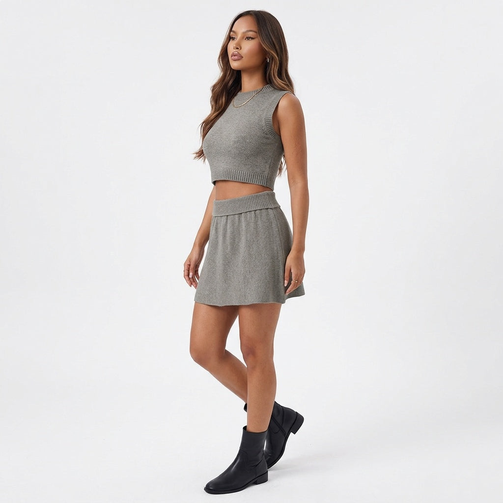 City Stroll Ribbed V-Neck Sweater Skirt Set