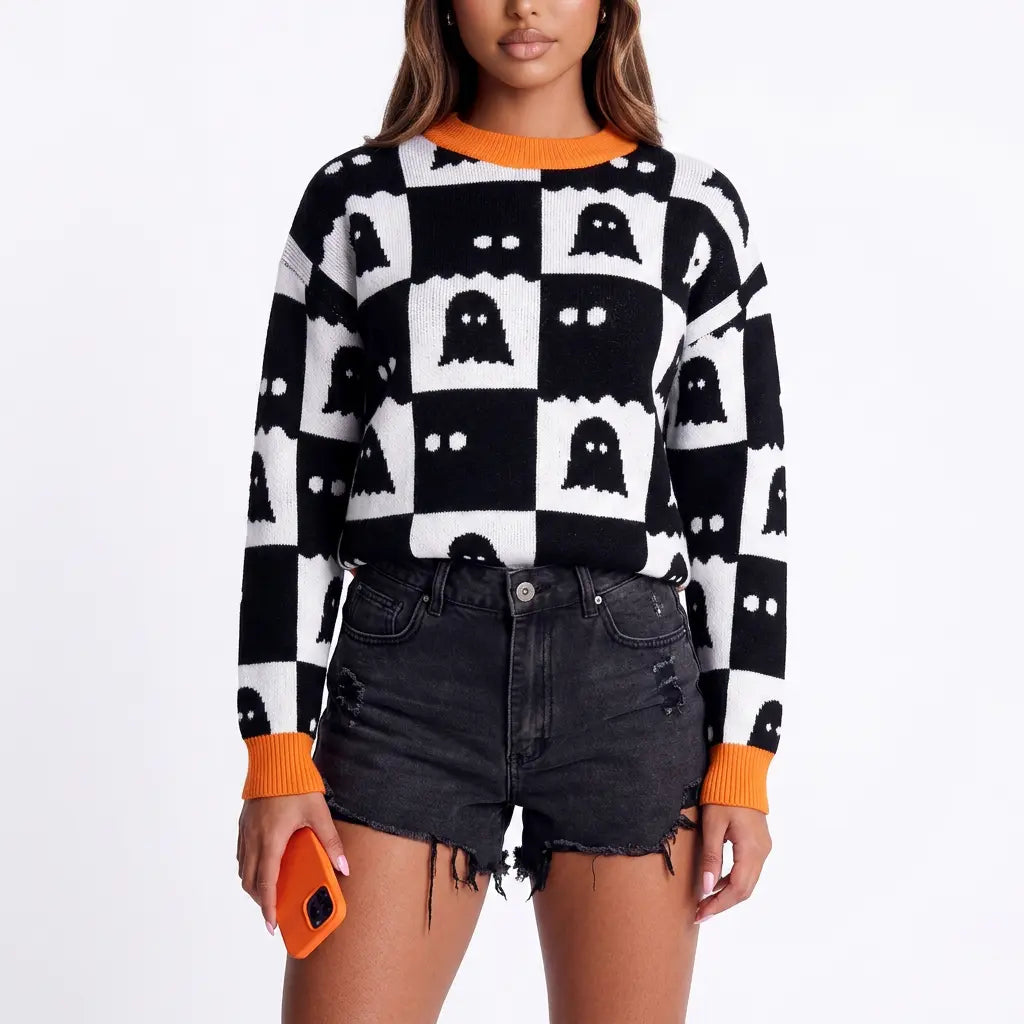 Ghoulish Ghost Pattern Checkerboard Sweater