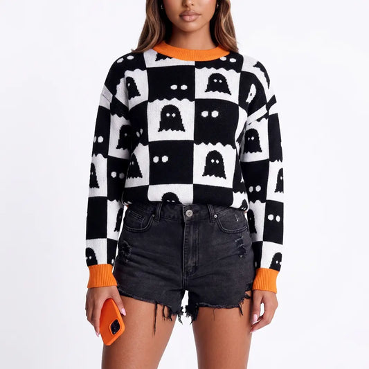 Ghoulish Ghost Pattern Checkerboard Sweater