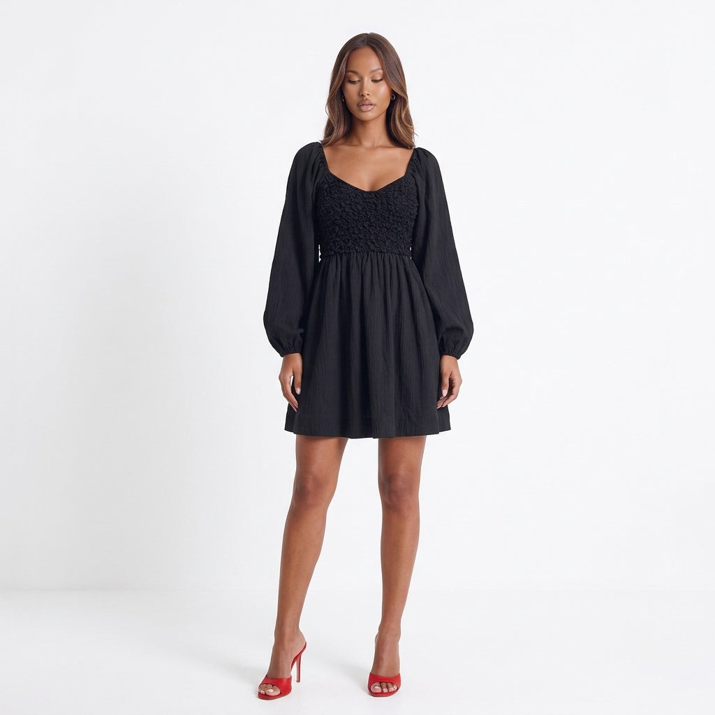 Whispered Promises Smocked Mini Dress – Black