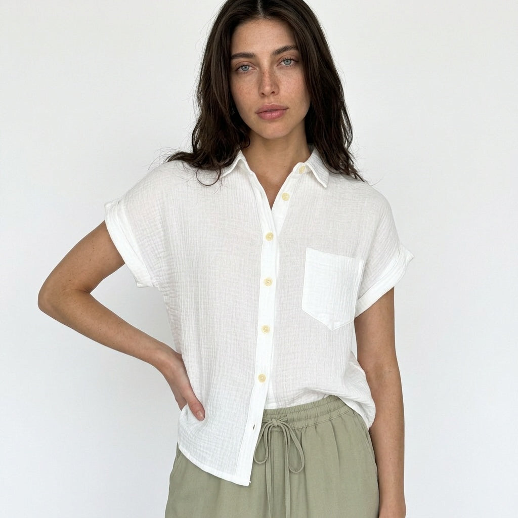 Weekend Away Rolled Sleeve Button-up Top