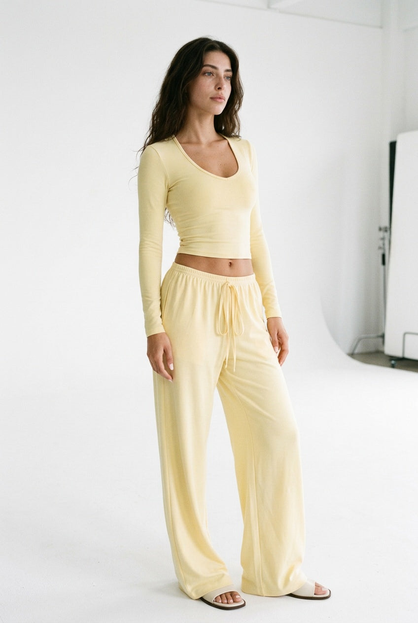 Lemon Day Lounge Two-Piece Set with Scoop-Neck Crop Top & Wide-Leg Pants