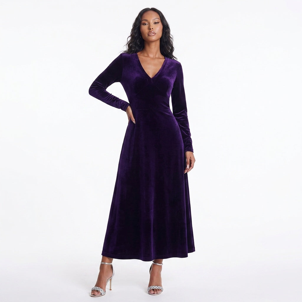 V-Neck Long Sleeve Velvet Dress