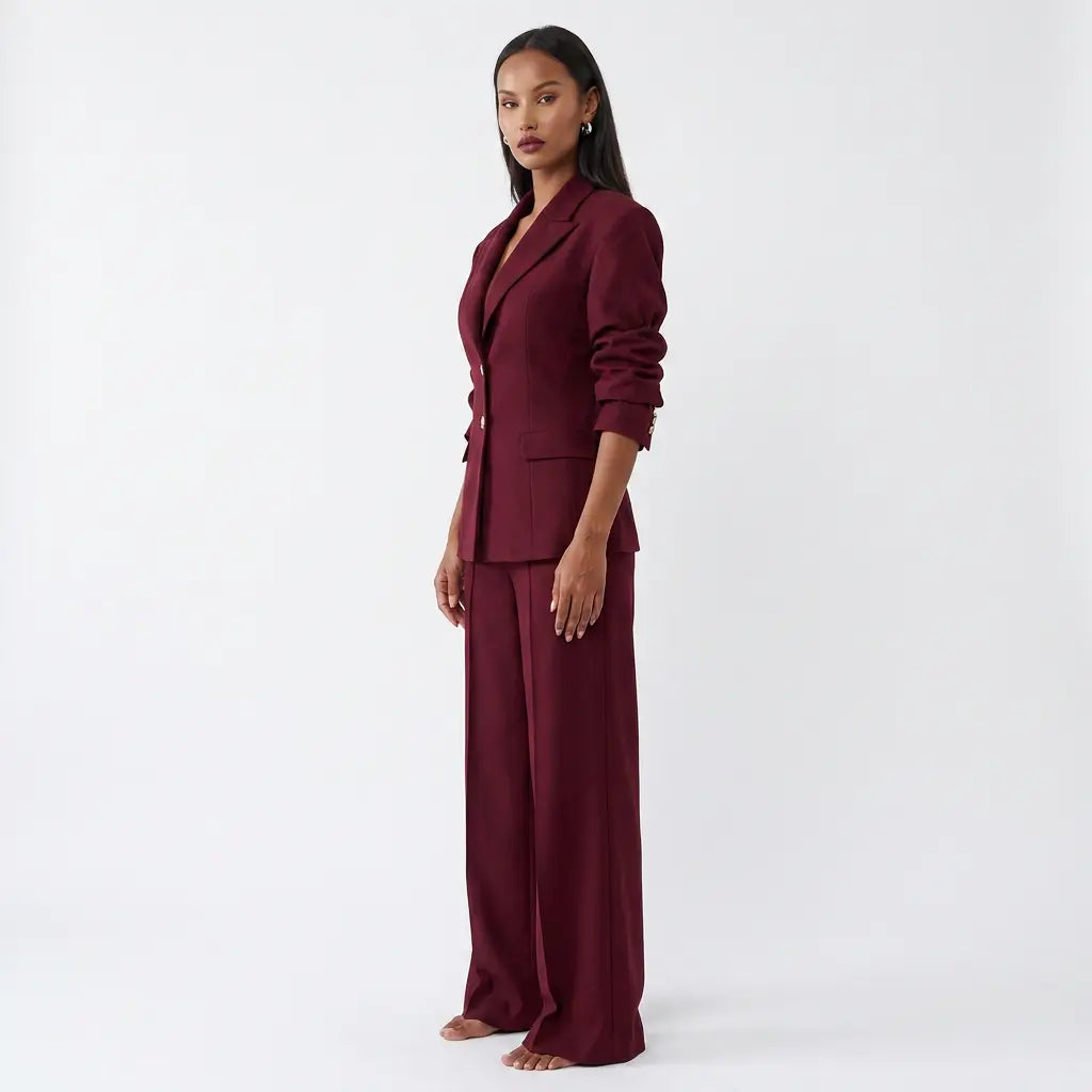 Bordeaux Power Collar Blazer and Wide-Leg Pants Set