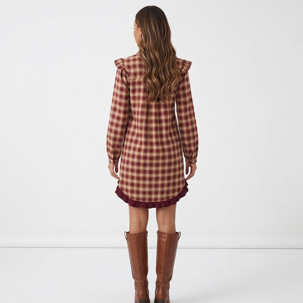 Apple Cider Mood Plaid Ruffle Shirt Mini Dress