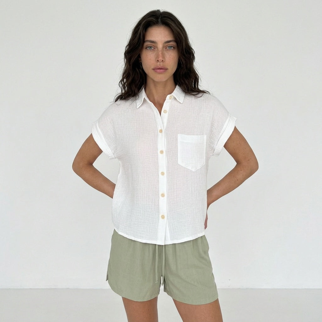 Weekend Away Rolled Sleeve Button-up Top