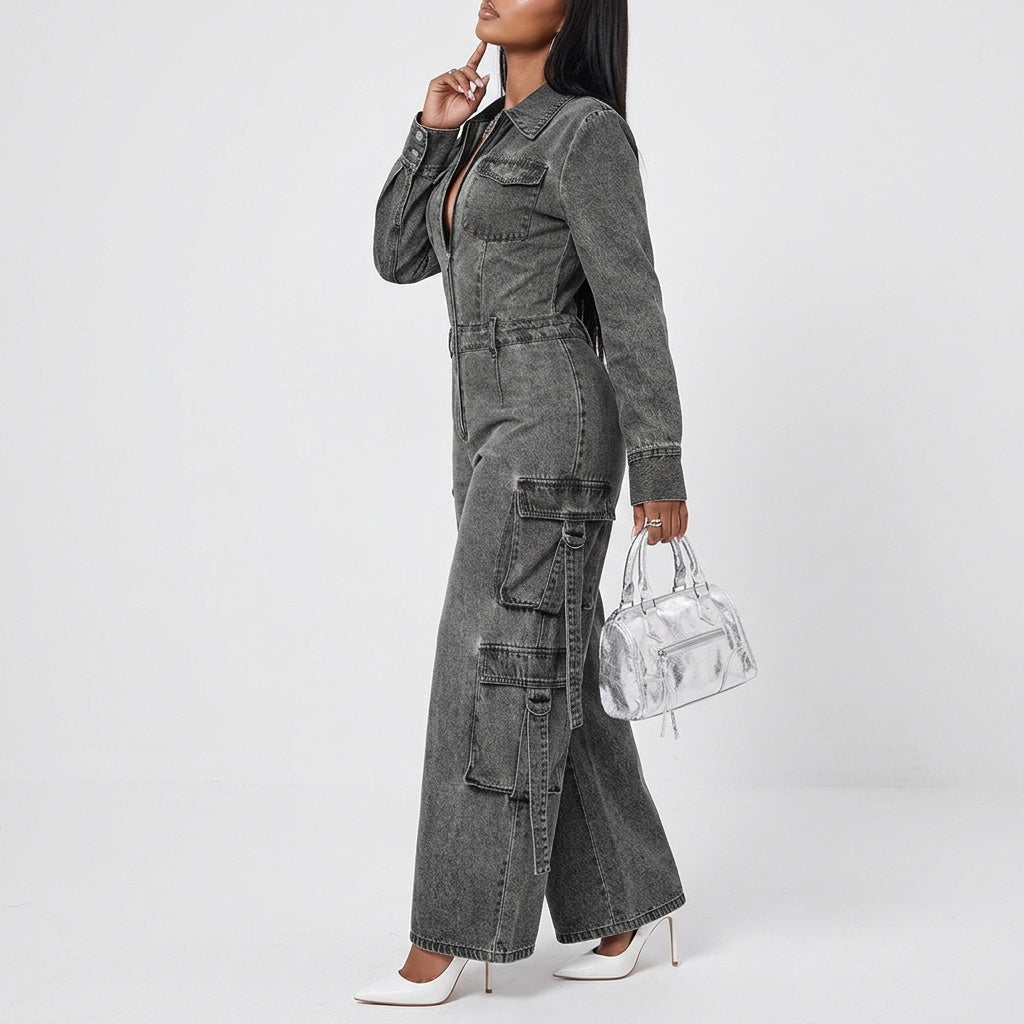 Street Code Washed Denim Cargo Wide-Leg Jumpsuit