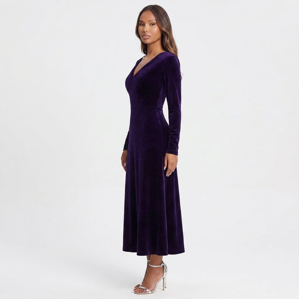 V-Neck Long Sleeve Velvet Dress