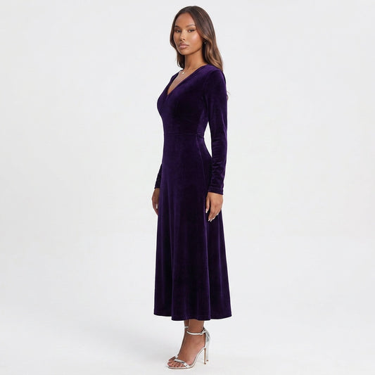 V-Neck Long Sleeve Velvet Dress