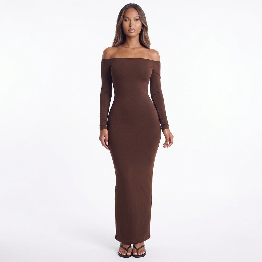 Cocoa Curve Off-Shoulder Ruched Maxi Dress