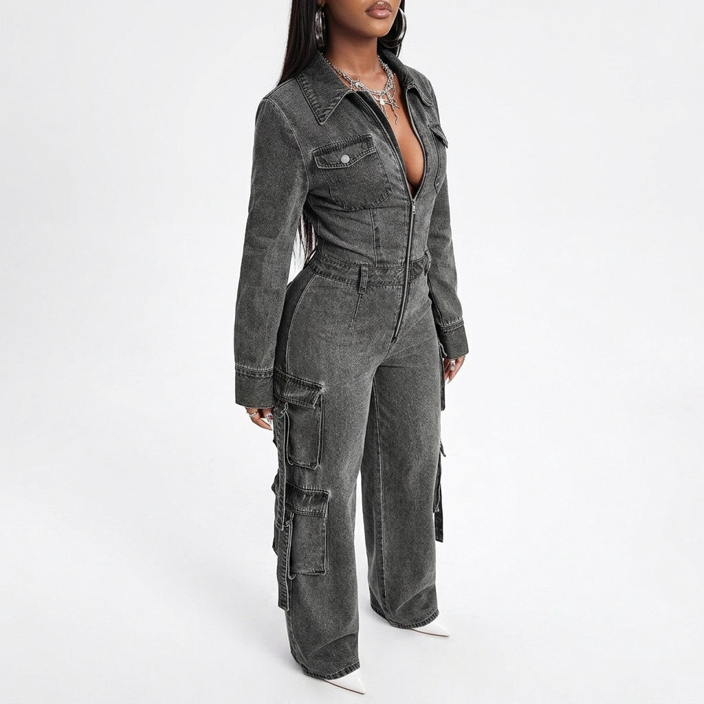 Street Code Washed Denim Cargo Wide-Leg Jumpsuit