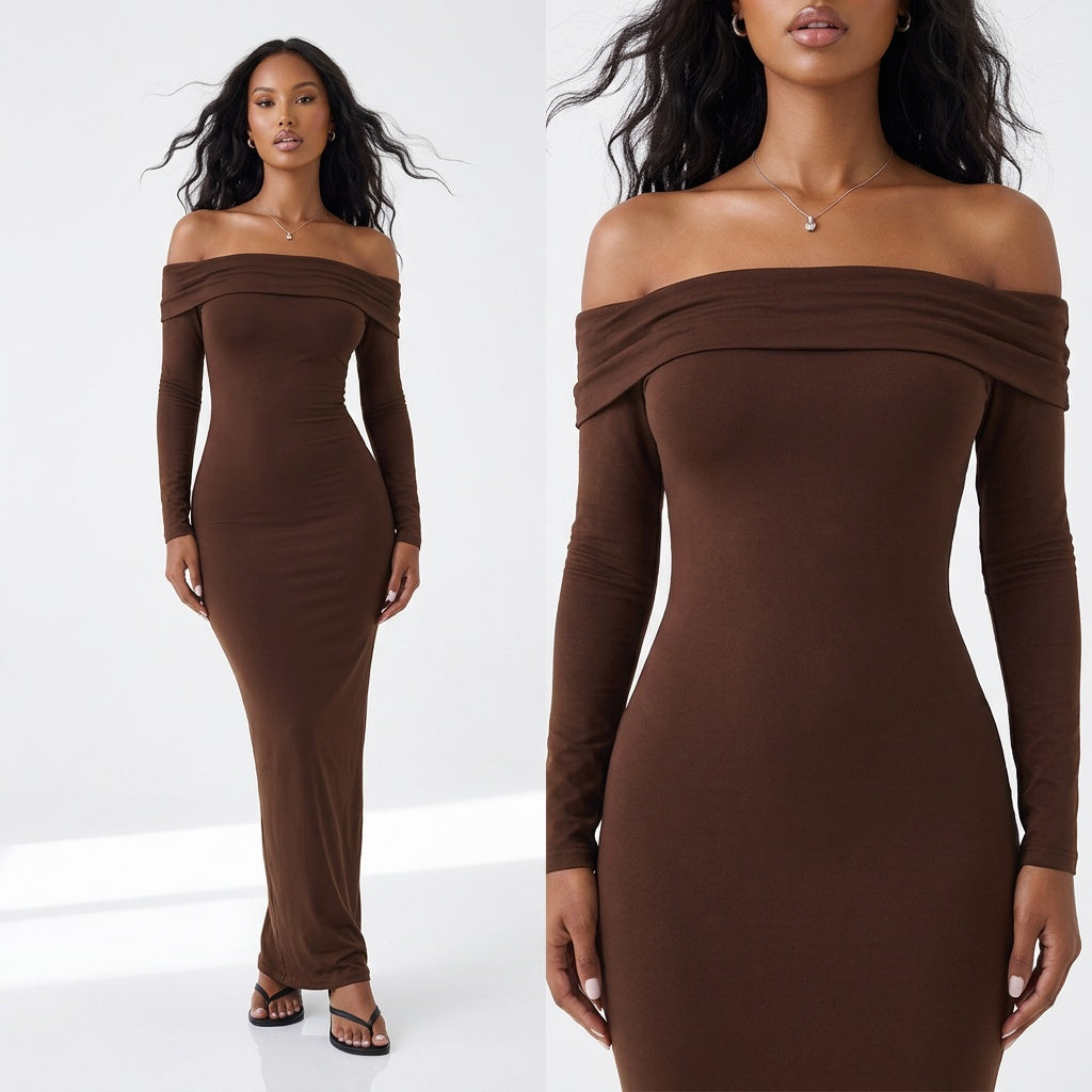 Cocoa Curve Off-Shoulder Ruched Maxi Dress