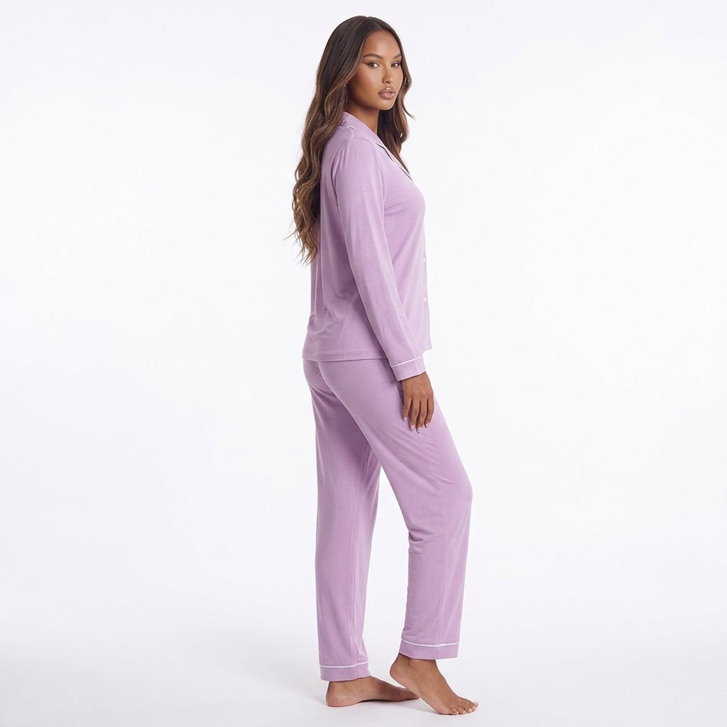 Contrast Piping Button Down Top and Pants Loungewear Set