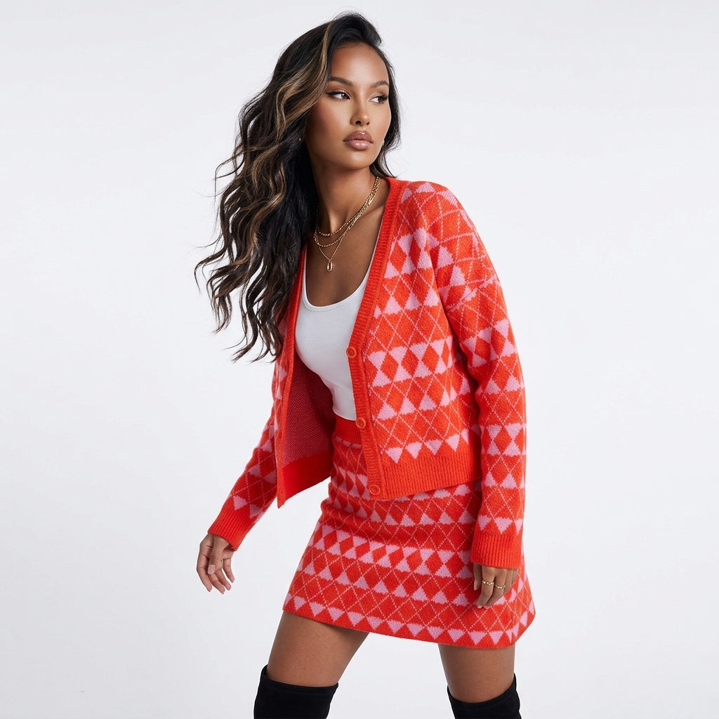 Diamond District Argyle Button-Front Cardigan Skirt Set