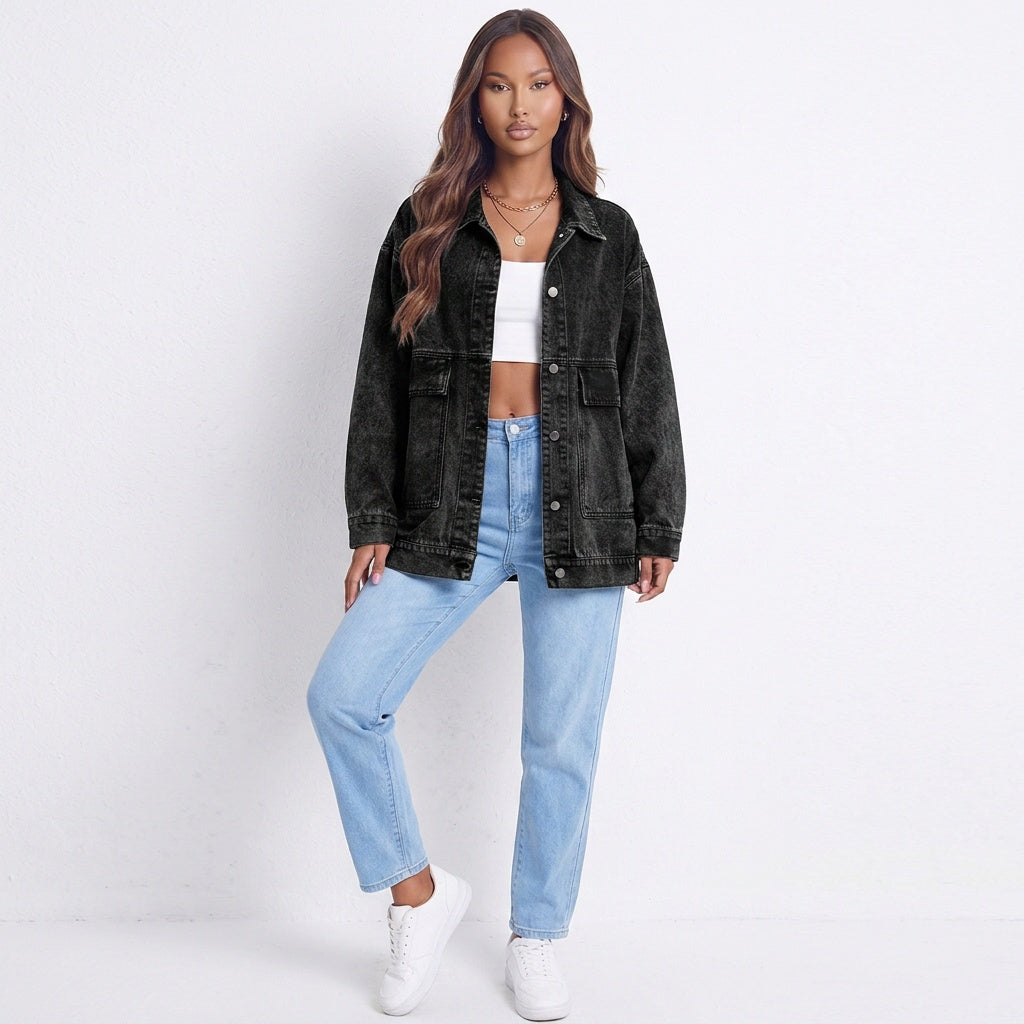 Dropped Shoulder Denim Jacket with Pockets
