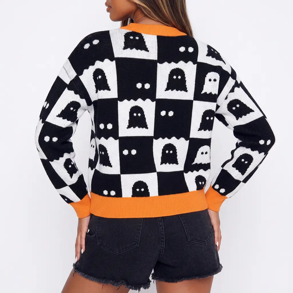 Ghoulish Ghost Pattern Checkerboard Sweater