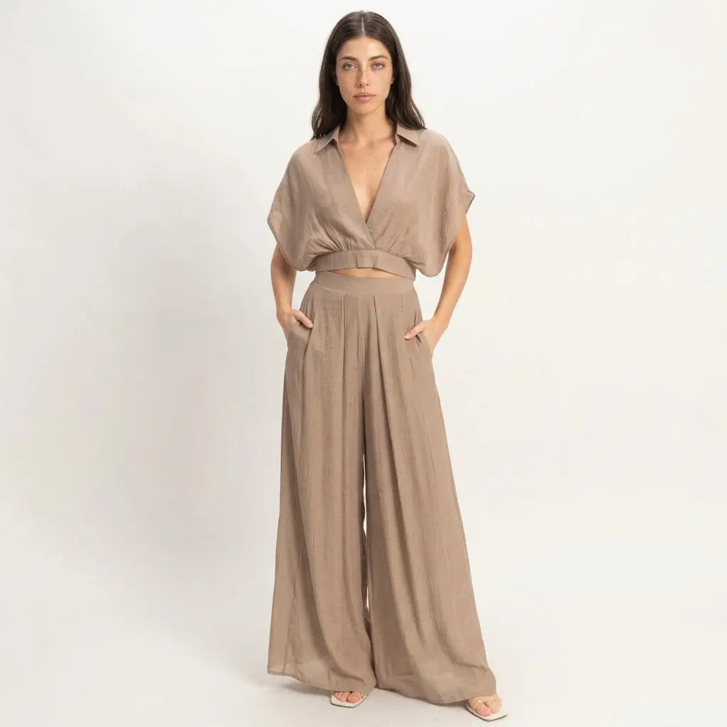 Silken Collared Wrap Top & Wide-leg Pants Set