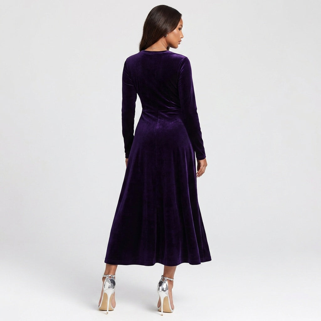 V-Neck Long Sleeve Velvet Dress