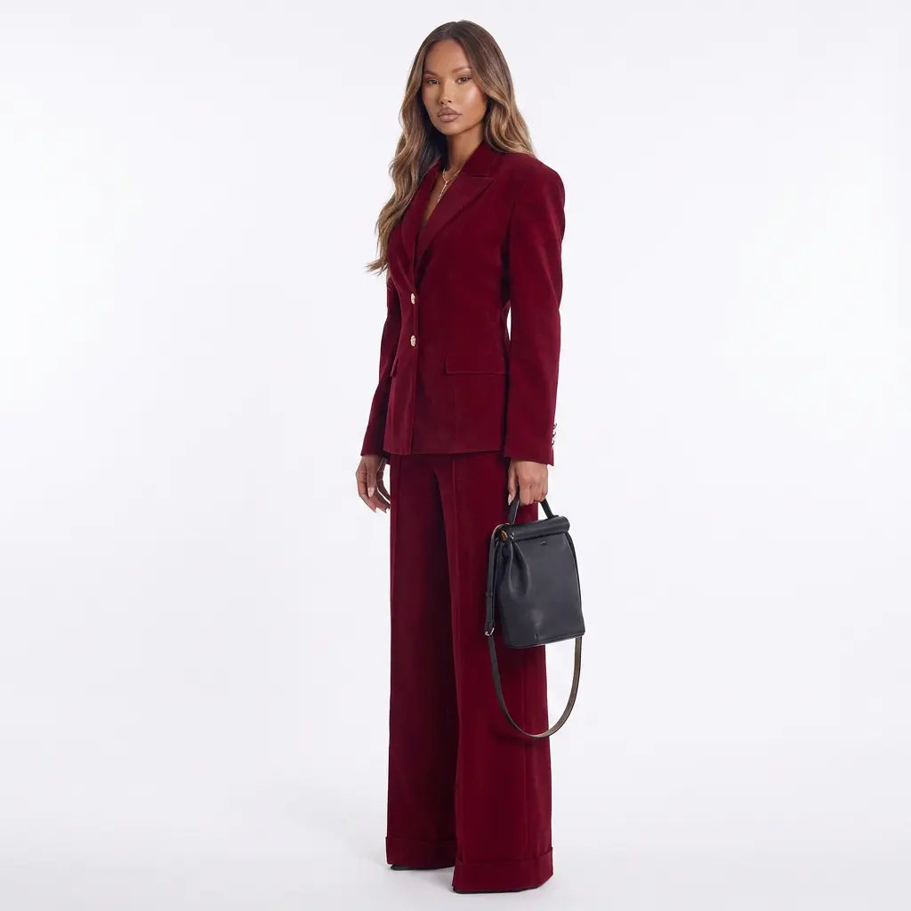 Bordeaux Power Collar Blazer and Wide-Leg Pants Set