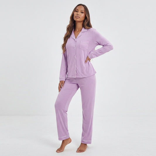 Contrast Piping Button Down Top and Pants Loungewear Set