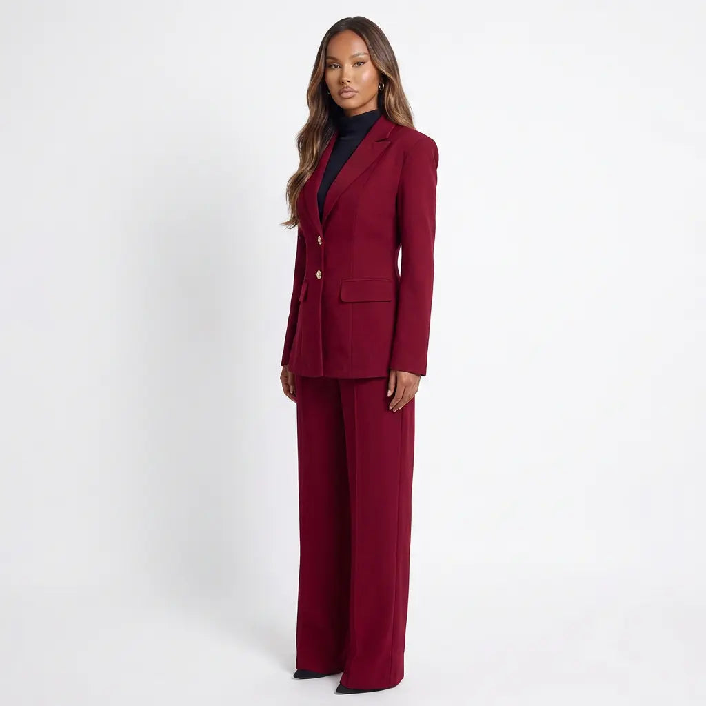 Bordeaux Power Collar Blazer and Wide-Leg Pants Set