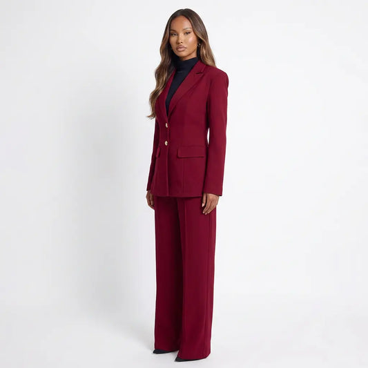 Bordeaux Power Collar Blazer and Wide-Leg Pants Set