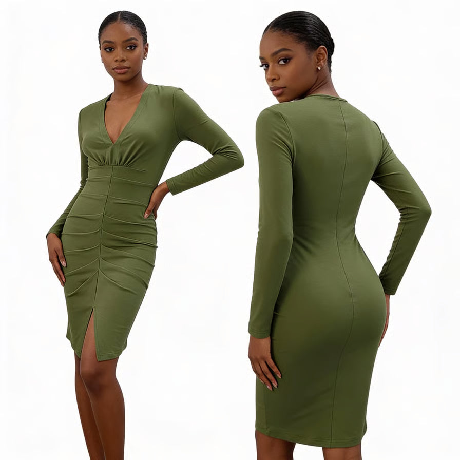 Ruched Deep V-Neck Bodycon Midi Dress