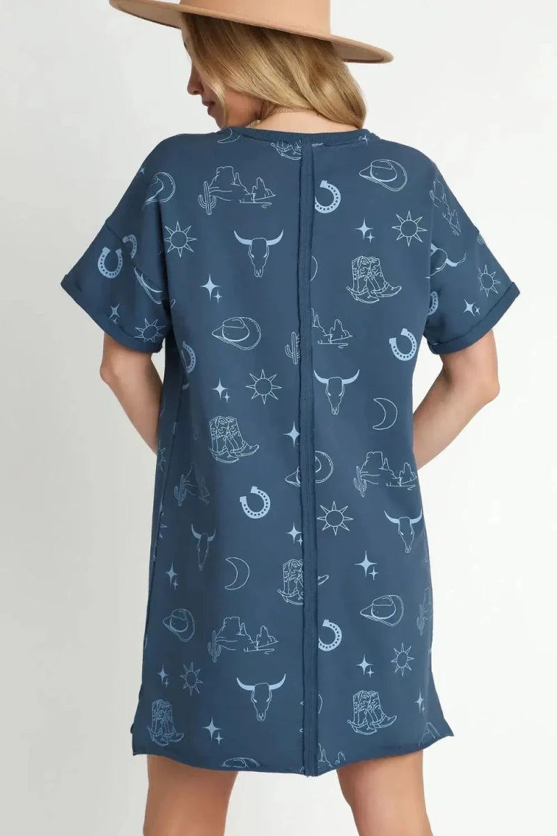 Umgee Full Size French Terry Short Sleeve Round Neck Dress Plus Size - Lustreve