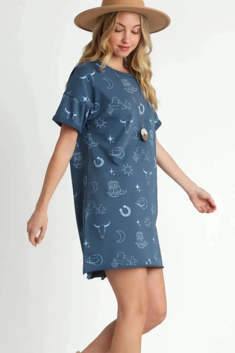 Umgee Full Size French Terry Short Sleeve Round Neck Dress Plus Size - Lustreve