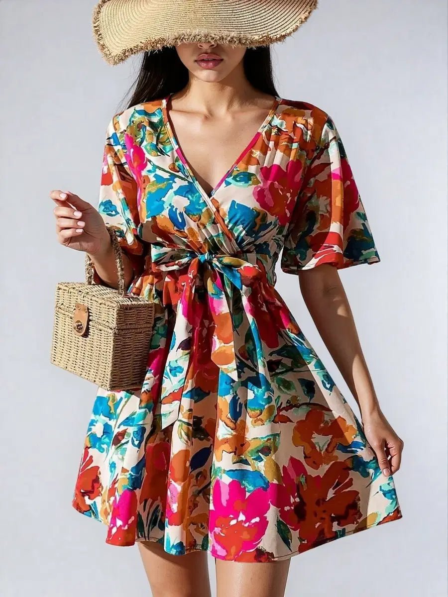 Vacation Primrose Painted - Florals Wrap Mini Dress - Lustreve