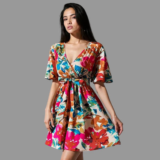 Vacation Primrose Painted - Florals Wrap Mini Dress - Lustreve