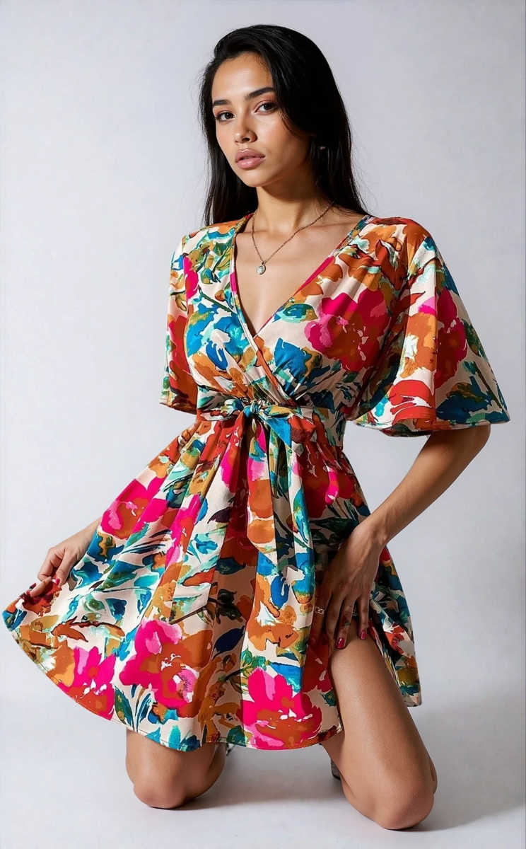 Vacation Primrose Painted - Florals Wrap Mini Dress - Lustreve