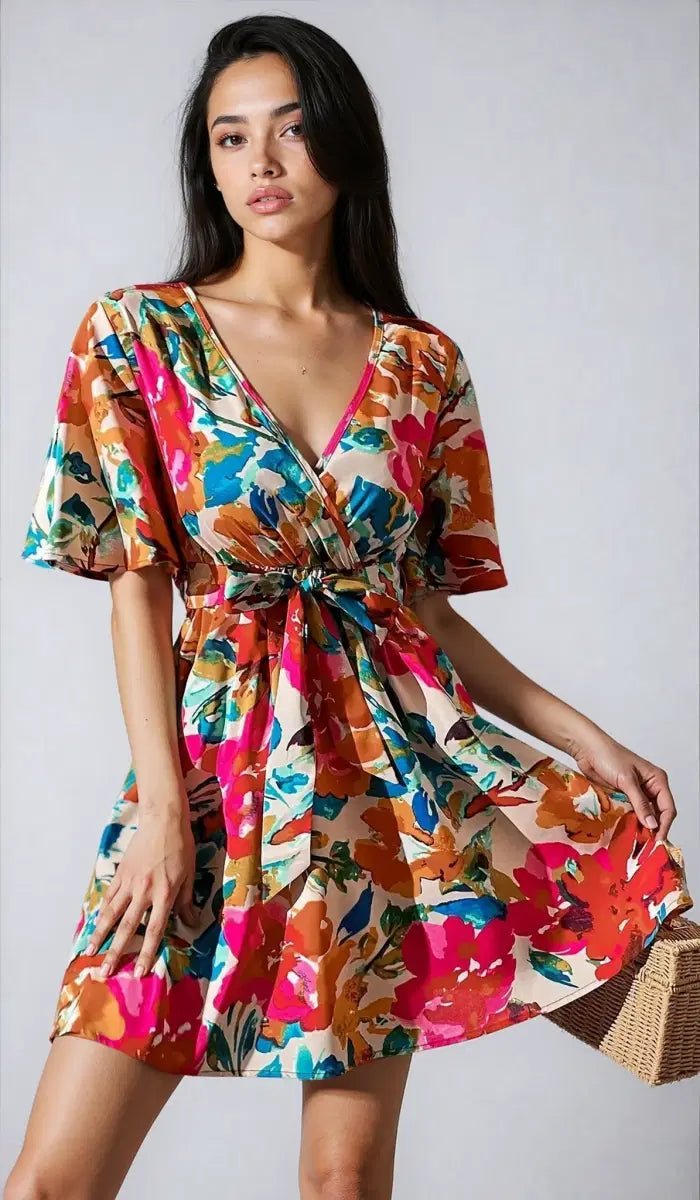 Vacation Primrose Painted - Florals Wrap Mini Dress - Lustreve