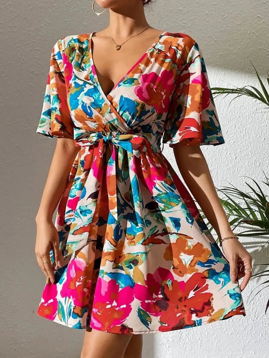 Vacation Primrose Painted - Florals Wrap Mini Dress - Lustreve