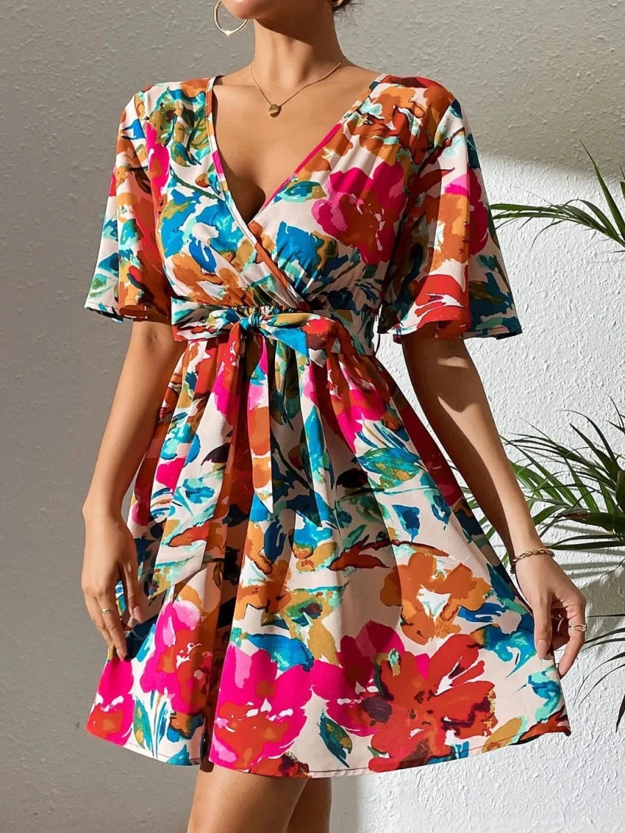 Vacation Primrose Painted - Florals Wrap Mini Dress - Lustreve