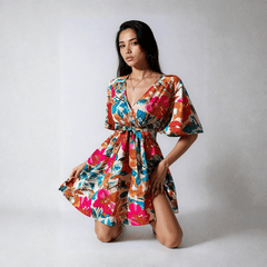 Vacation Primrose Painted-Florals Wrap Mini Dress