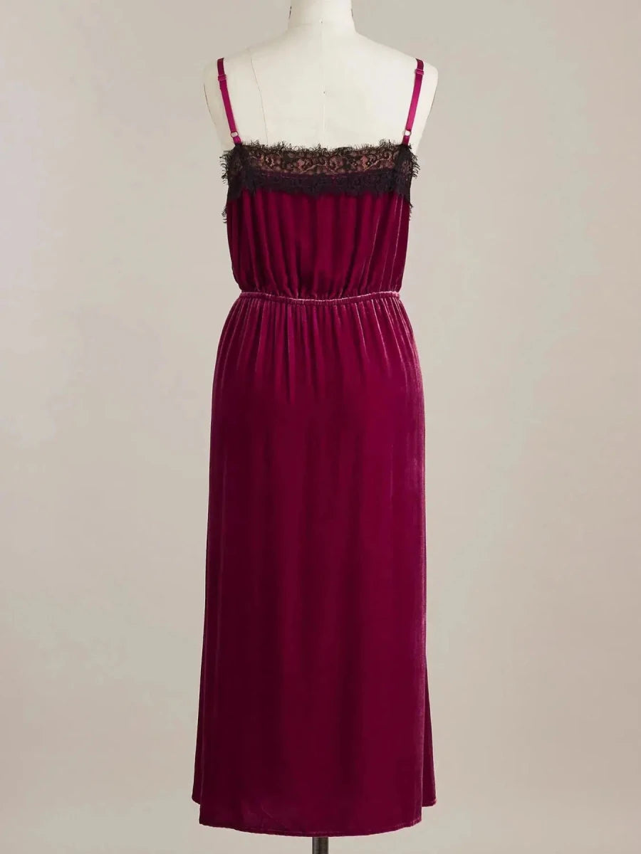 Velvet Cami Lounge Dress with Lace Trim - Lustreve