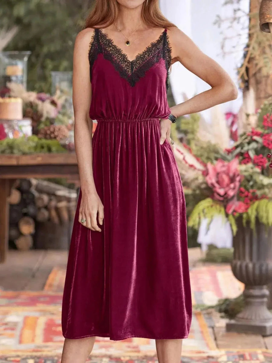 Velvet Cami Lounge Dress with Lace Trim - Lustreve
