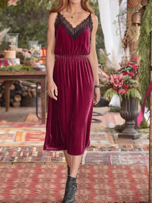 Velvet Cami Lounge Dress with Lace Trim - Lustreve