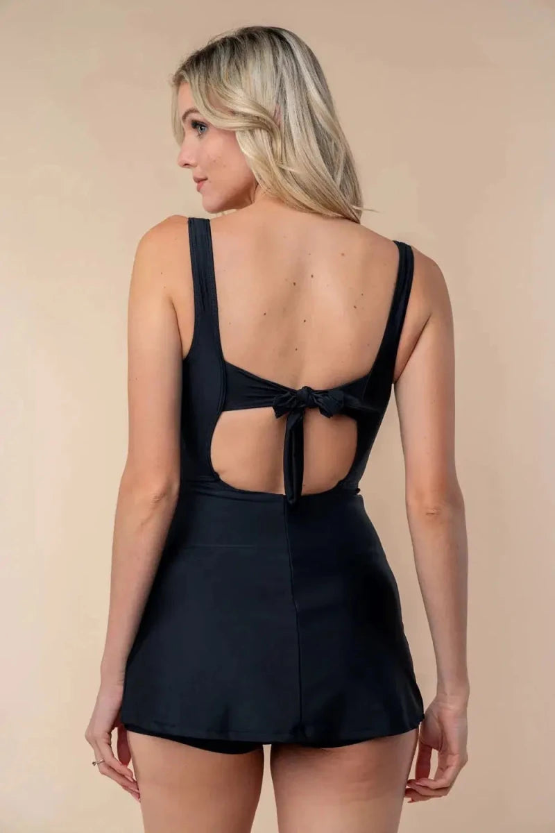 White Birch Full Size Sleeveless Tie Back Performance Knit Swim Dress - Lustreve