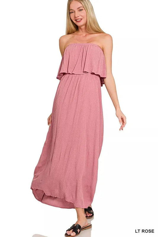 Woven Crinkle Strapless Maxi Dress - Lustreve