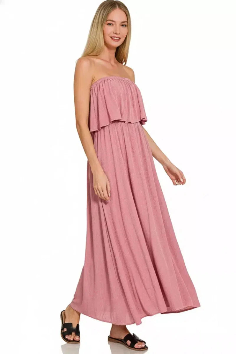 Woven Crinkle Strapless Maxi Dress - Lustreve