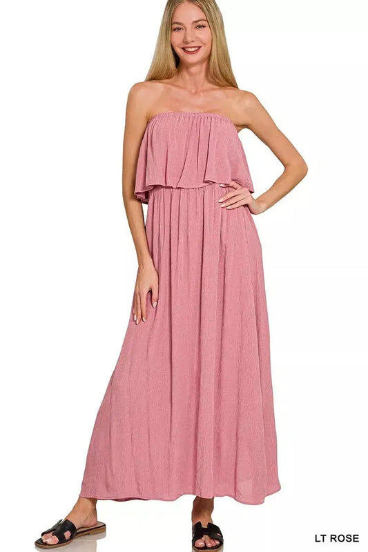 Woven Crinkle Strapless Maxi Dress - Lustreve